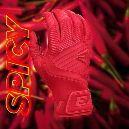 A pair of Easton Walk Off Ethos Youth Batting Gloves (WO25YBG) in red is displayed against chili peppers, with "SPICY" in bold yellow and red letters on the left.