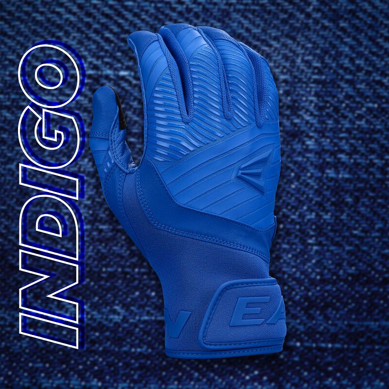 An Easton Walk Off Ethos Youth Batting Glove (WO25YBG) in blue stands upright on a blue denim background. "INDIGO" appears vertically in bold, outlined white letters on the left side of the image. Brand: Easton.