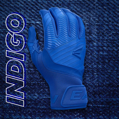 An Easton Walk Off Ethos Youth Batting Glove (WO25YBG) in blue stands upright on a blue denim background. "INDIGO" appears vertically in bold, outlined white letters on the left side of the image. Brand: Easton.
