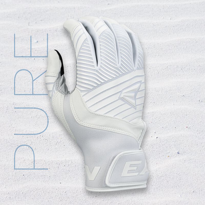 An Easton Walk Off Ethos Youth Batting Glove from Easton, featuring textured patterns and light blue "PURE" text vertically on the left side, rests on white sand, echoing the style of premium batting gloves.