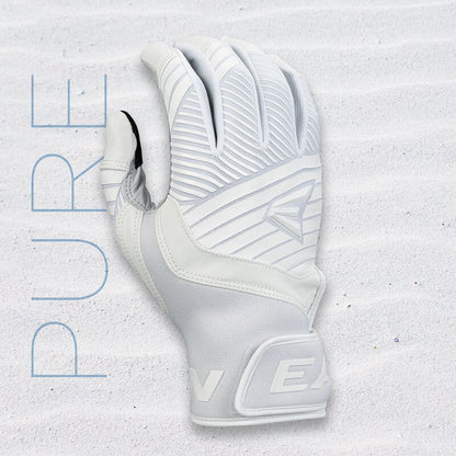 An Easton Walk Off Ethos Youth Batting Glove from Easton, featuring textured patterns and light blue "PURE" text vertically on the left side, rests on white sand, echoing the style of premium batting gloves.