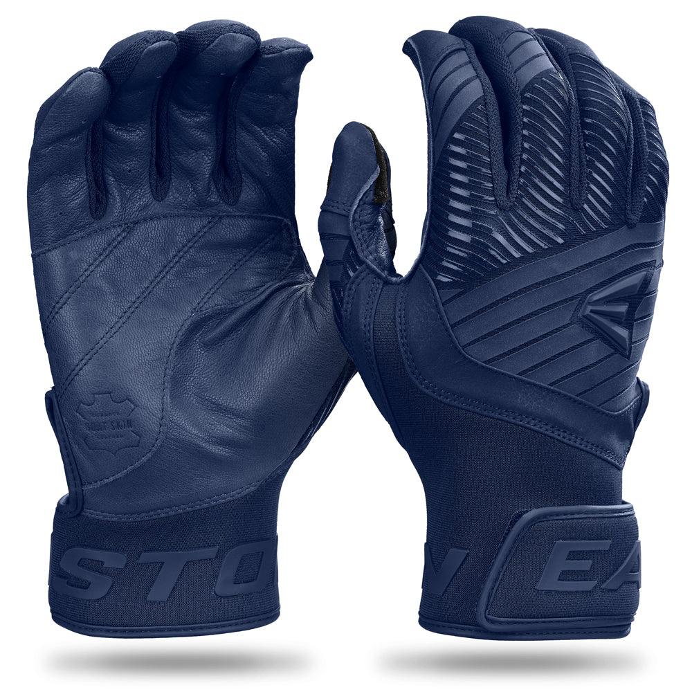 The Easton Walk Off Ethos Youth Batting Gloves (WO25YBG) in navy blue feature textured grip patterns on palms and fingers, Velcro wrist straps with the Easton logo, and are shown from both front and back views.