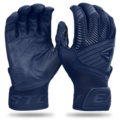 The Easton Walk Off Ethos Youth Batting Gloves (WO25YBG) in navy blue feature textured grip patterns on palms and fingers, Velcro wrist straps with the Easton logo, and are shown from both front and back views.