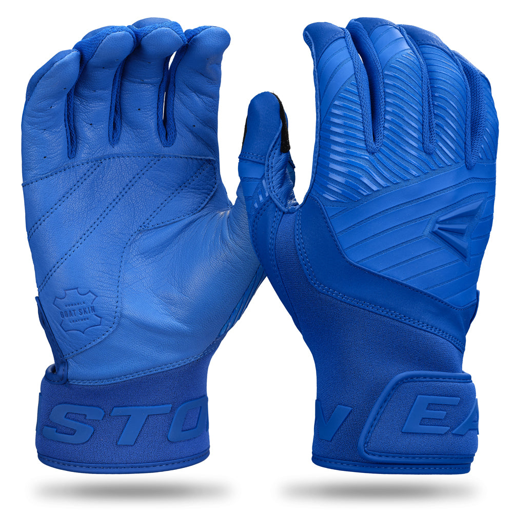 A pair of blue Easton Walk Off Ethos Youth Batting Gloves (WO25YBG), featuring a textured grip, logo detailing on the wrist strap, and palm/back views—durable gloves by Easton, perfect for young players in every game.