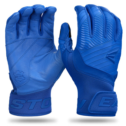 A pair of blue Easton Walk Off Ethos Youth Batting Gloves (WO25YBG), featuring a textured grip, logo detailing on the wrist strap, and palm/back views—durable gloves by Easton, perfect for young players in every game.