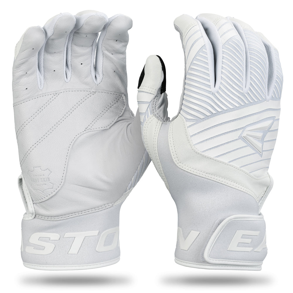 A pair of Easton Walk Off Ethos Youth Batting Gloves (WO25YBG) is shown in white, displaying both palm and back sides with textured patterns and the EASTON name on the sturdy wrist closure.