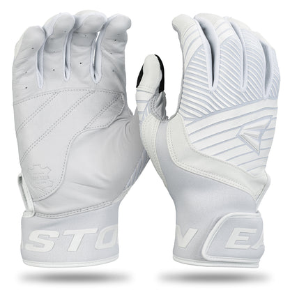 A pair of Easton Walk Off Ethos Youth Batting Gloves (WO25YBG) is shown in white, displaying both palm and back sides with textured patterns and the EASTON name on the sturdy wrist closure.