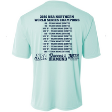 The 2026 NSA Northern World Series Champion Commemorative Shirt by DSG Apparel features a light blue design with "2026 NSA Northern World Series Champions" text on the front, and includes team logos and age group placeholders on the back.