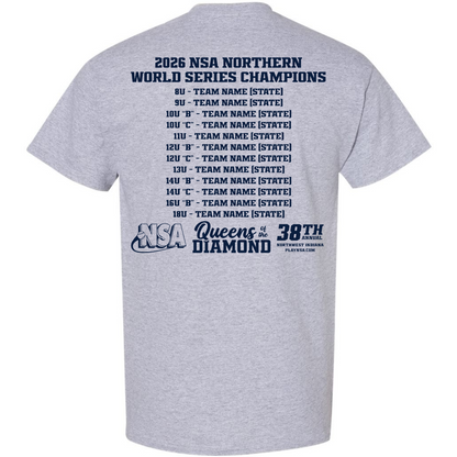 Show your team pride with the DSG Apparel 2026 NSA Northern World Series Champion Commemorative Shirt. This gray dry fit t-shirt features a bold “2026 NSA Northern World Series Champions” graphic, includes age group divisions, placeholders for team names, and showcases the NSA, Queens of the Diamond, and 38th anniversary logos. Perfect for celebrating your team's achievement in comfort and style.
