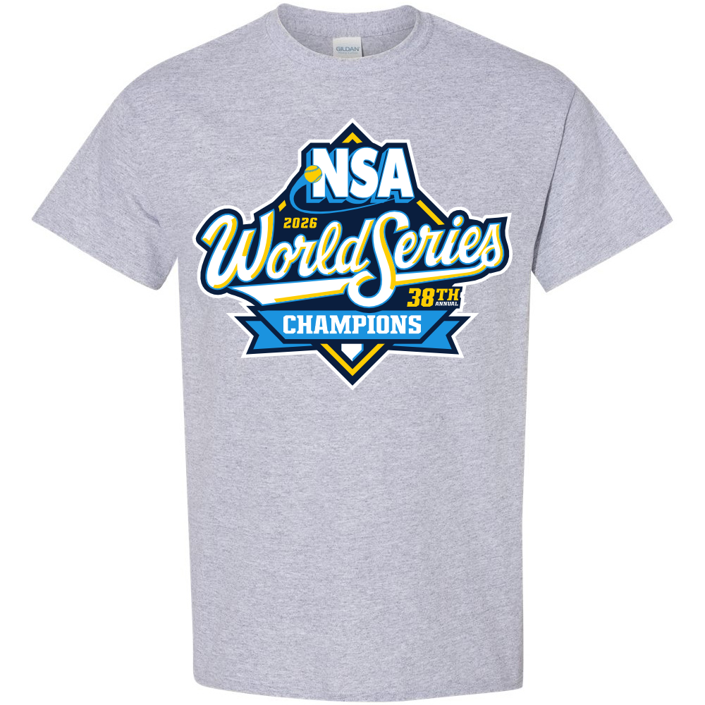 Celebrate victory with the DSG Apparel 2026 NSA Northern World Series Champion Commemorative Shirt in silver, featuring a vibrant blue, yellow, black, and white front design reading “NSA 2026 Northern World Series Champions 38th”—the perfect keepsake for champions.