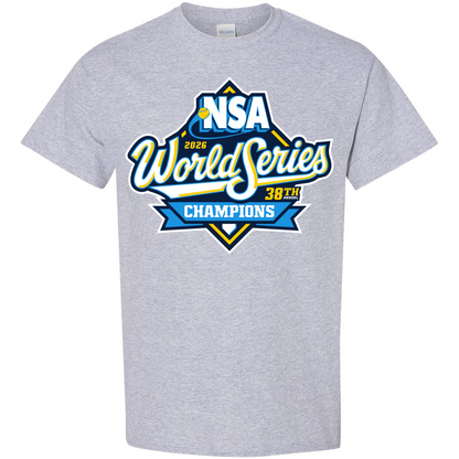 Celebrate victory with the DSG Apparel 2026 NSA Northern World Series Champion Commemorative Shirt in silver, featuring a vibrant blue, yellow, black, and white front design reading “NSA 2026 Northern World Series Champions 38th”—the perfect keepsake for champions.