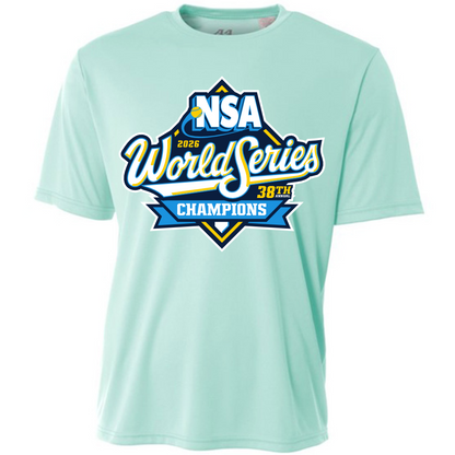 A pastel mint dry fit t-shirt from DSG Apparel featuring a vibrant “2026 NSA Northern World Series Champion” logo in blue, white, and yellow across the chest—a commemorative shirt perfect for celebrating victory.