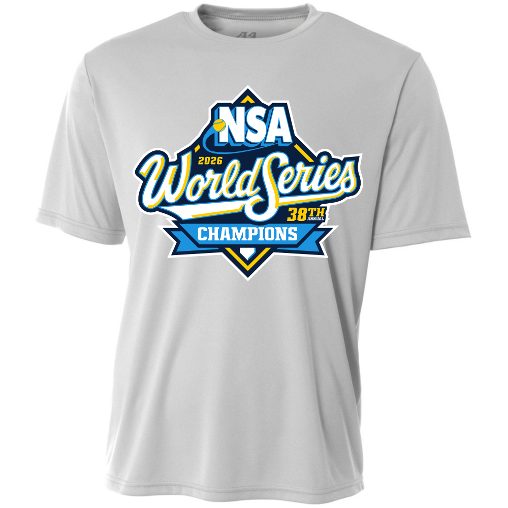 Celebrate your team’s victory with the DSG Apparel 2026 NSA Northern World Series Champion Commemorative Shirt, featuring a silver dry-fit design and a large, colorful front graphic with bold "NSA Northern World Series Champions 2026" text in blue, yellow, and white—an ideal keepsake for commemorating your championship win.