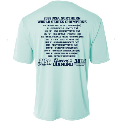 Introducing the 2026 NSA Northern World Series Champion Commemorative Shirt by DSG Apparel—a light blue, dry-fit tee featuring the winning teams by age group for the 38th Annual NSA Northern World Series. Showcasing both NSA and Queens of the Diamond logos with “38th Annual” text on the lower right, this shirt is the perfect way to celebrate and honor this year’s series champions.