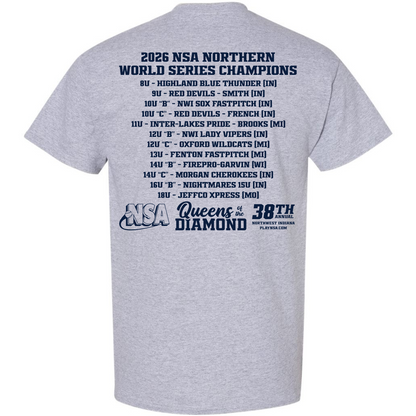 The DSG Apparel 2026 NSA Northern World Series Champion Commemorative Shirt features a gray dry fit design, showcasing the champions by age group on the back above the NSA Queens of the Diamond logo and 38th anniversary text—making it the perfect keepsake for fans and players alike.