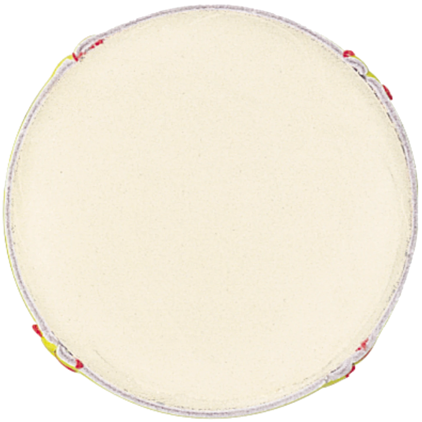 A round, handheld tambourine features a plain light drumhead, metal jingles, colored rim accents, and a design inspired by the Wilson NFHS Polycore 12" 47/375 Leather Fastpitch Softball by Wilson.