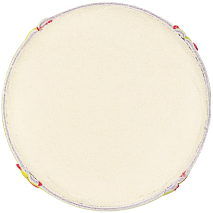 A round, handheld tambourine features a plain light drumhead, metal jingles, colored rim accents, and a design inspired by the Wilson NFHS Polycore 12" 47/375 Leather Fastpitch Softball by Wilson.