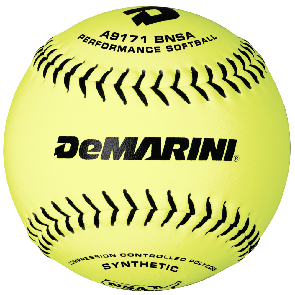 The DeMarini NSA 12" 52/275 Synthetic Slowpitch Softball (WTA9171BNSA) features bright yellow cover, black stitching, and printed NSA official markings—ideal for slowpitch games requiring performance and compression control.