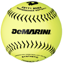 The DeMarini NSA 12" 52/275 Synthetic Slowpitch Softball (WTA9171BNSA) features bright yellow cover, black stitching, and printed NSA official markings—ideal for slowpitch games requiring performance and compression control.