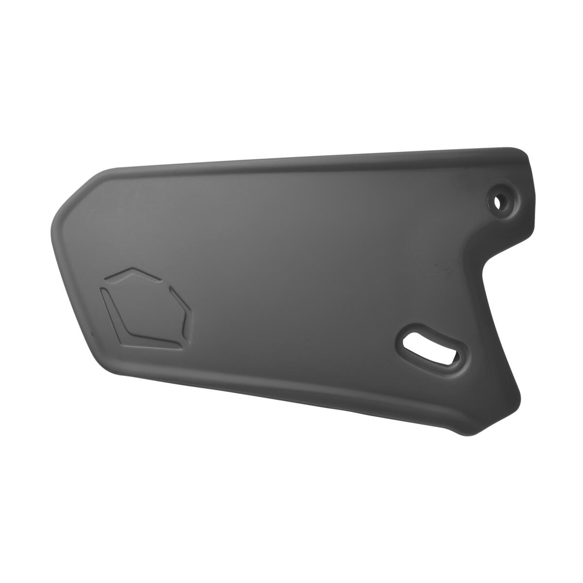 A black, angular plastic motorcycle side panel with two mounting holes and a subtle embossed hexagonal design on the left side, echoing the sleek style of the EvoShield XVT Matte Batting Helmet Face Shield (Jaw Guard) WTV7305 by EvoShield.