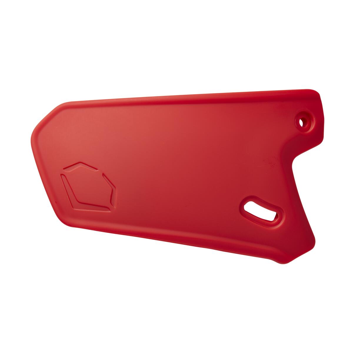 The EvoShield XVT Matte Batting Helmet Face Shield (Jaw Guard) by EvoShield is a red, flat plastic side panel with two cut-out holes and a geometric indentation, designed for facial protection, shown on a white background.