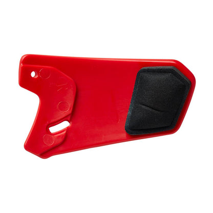 The EvoShield XVT Matte Batting Helmet Face Shield (Jaw Guard): WTV7305 is a red plastic guard with two holes on one end and a black foam pad on the other, designed by EvoShield for extra facial protection during sports.