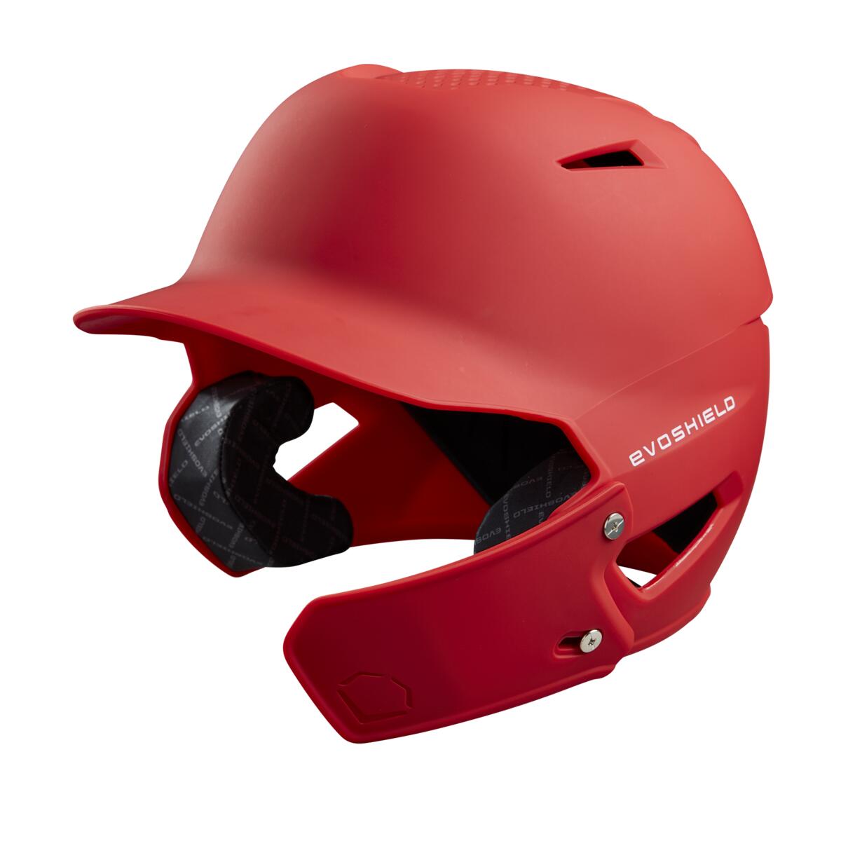 The EvoShield XVT Matte Batting Helmet Face Shield (Jaw Guard) WTV7305 is a red helmet with ear protection and an attached face shield for enhanced safety, featuring the EvoShield brand name in white on the side.