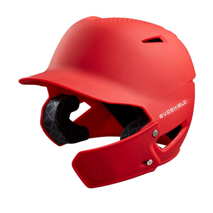 The EvoShield XVT Matte Batting Helmet Face Shield (Jaw Guard) WTV7305 is a red helmet with ear protection and an attached face shield for enhanced safety, featuring the EvoShield brand name in white on the side.