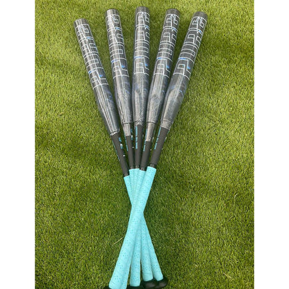 Five black Pure Sports composite bats with turquoise handles, including the 2025 Pure Storm Shadow 13″ Balanced USA Slowpitch Softball Bat (5147M91B), are arranged in a fan shape on green artificial turf.