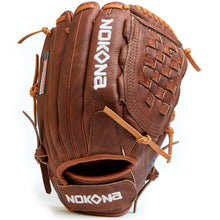 The Nokona Walnut 12" Fastpitch Glove (W-V1200C) features brown leather, white embroidered branding, an American flag patch, and tan laces—showcasing its premium handcrafted webbing and pocket.
