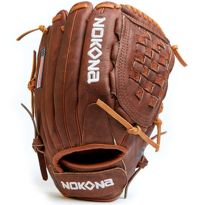 The Nokona Walnut 12" Fastpitch Glove (W-V1200C) features brown leather, white embroidered branding, an American flag patch, and tan laces—showcasing its premium handcrafted webbing and pocket.