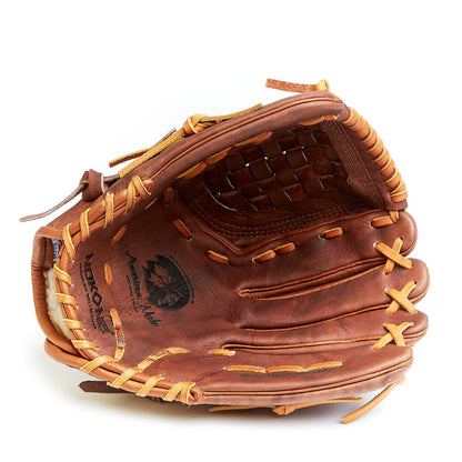 The Nokona Walnut 12" Fastpitch Glove (W-V1200C) features rich brown leather with tan laces, an open deep pocket and webbing, and sits new on a white background.