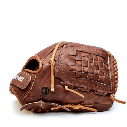 The Nokona Walnut 12" Fastpitch Glove (W-V1200C), crafted from Walnut Crunch leather with woven webbing and tan laces, rests on its side against a white background.