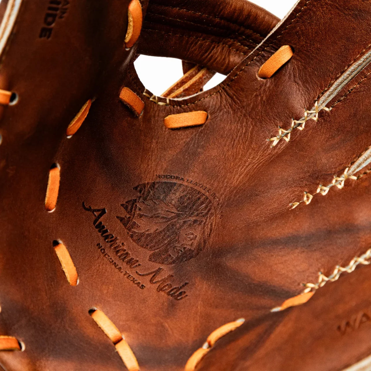 Nokona Walnut EP 11.5″ Baseball Glove: W-EP1150 in brown leather with tan lacing and a palm logo reading American Made, Nocona, Texas.