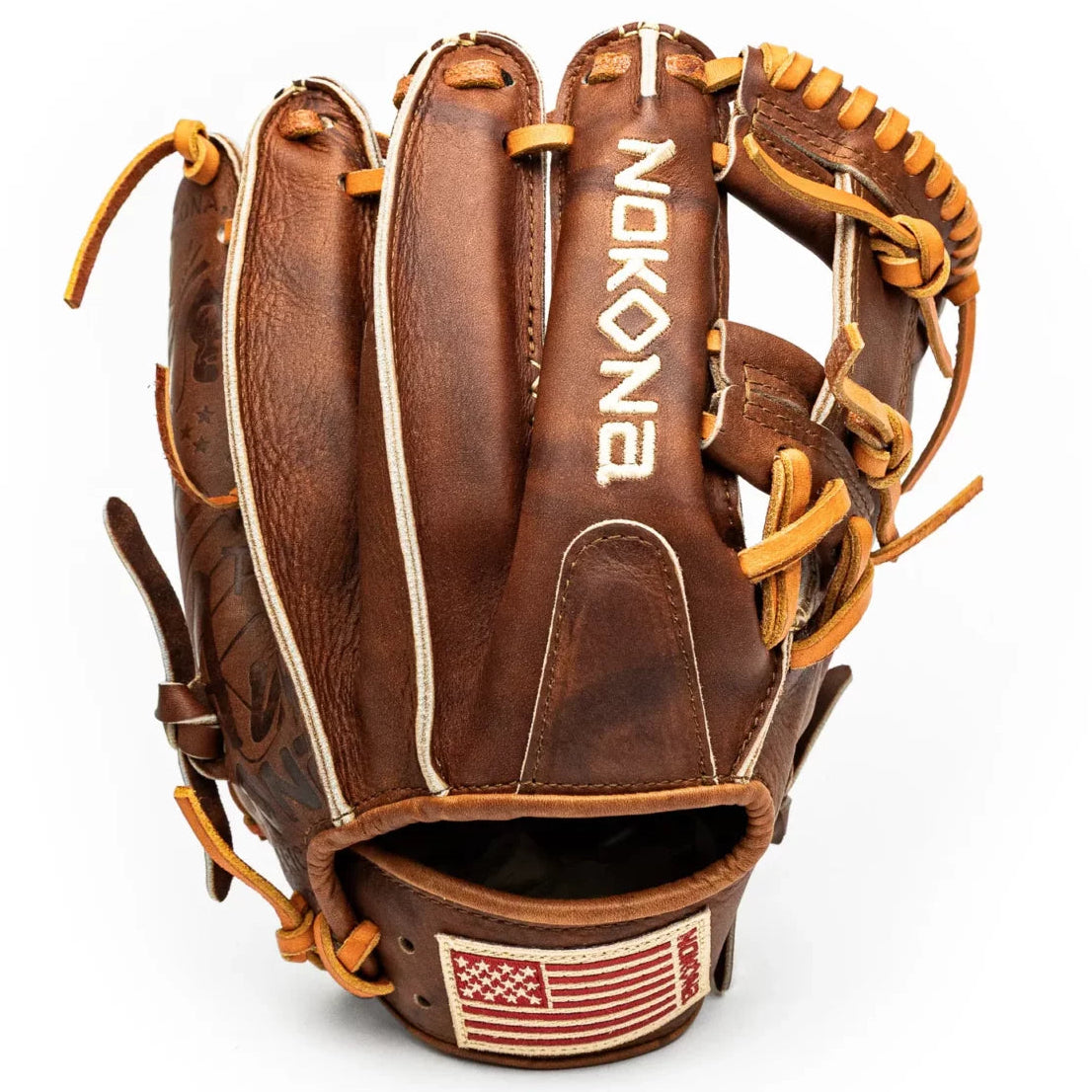 Nokona Walnut EP 11.5″ Baseball Glove: W-EP1150 in brown with tan lacing and an American flag patch on the wrist strap.
