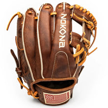 Nokona Walnut EP 11.5″ Baseball Glove: W-EP1150 in brown with tan lacing and an American flag patch on the wrist strap.