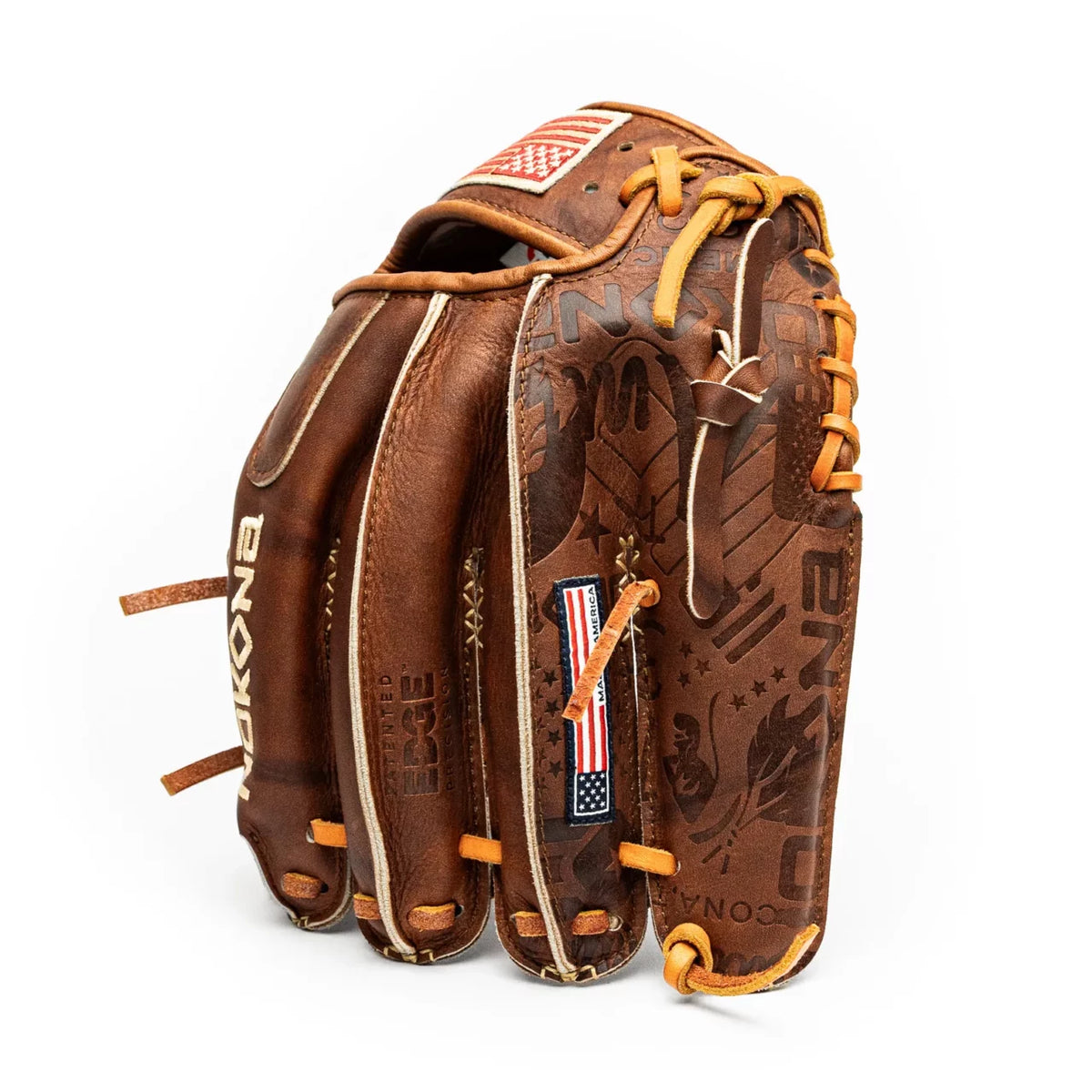 Nokona Walnut EP 11.5″ Baseball Glove: W-EP1150 in brown with tan lacing, featuring embossed logos and small American flag tags.