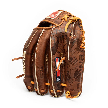Nokona Walnut EP 11.5″ Baseball Glove: W-EP1150 in brown with tan lacing, featuring embossed logos and small American flag tags.