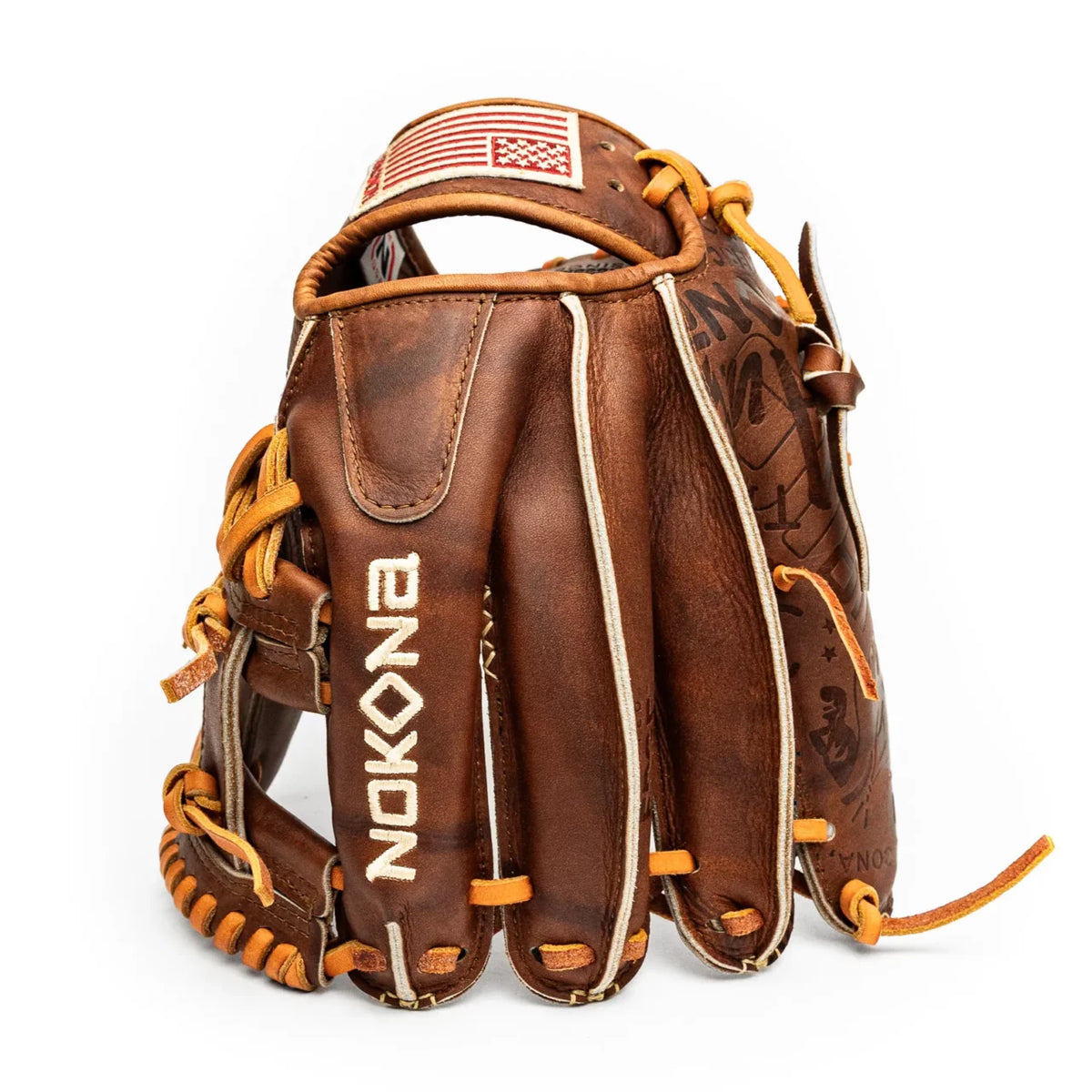 Handcrafted Nokona Walnut EP 11.5″ Baseball Glove: W-EP1150 in brown leather with tan lacing and an American flag patch on the wrist strap.