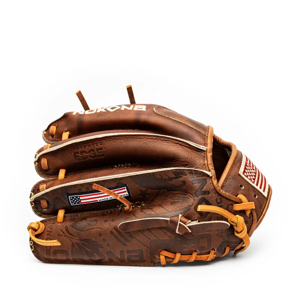 Nokona Walnut EP 11.5″ Baseball Glove: W-EP1150 in brown handcrafted walnut leather with tan lacing, an American flag patch, and embossed logo details.