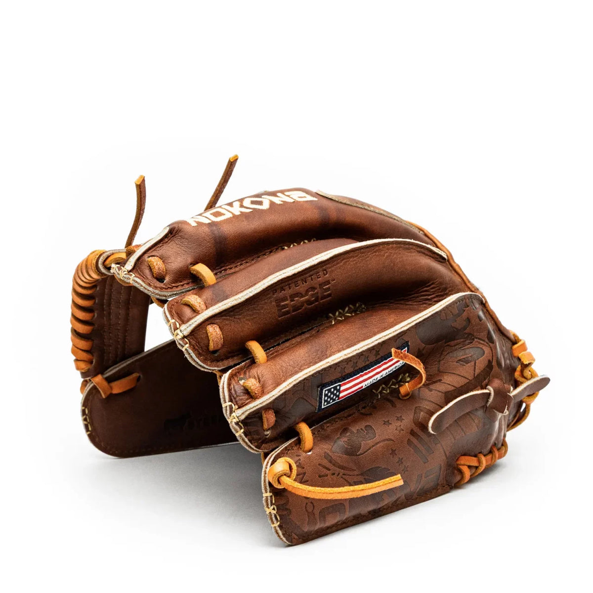A brown leather Nokona Walnut EP 11.5″ Baseball Glove: W-EP1150 with tan lacing, featuring a small American flag patch and embossed finger detailing.