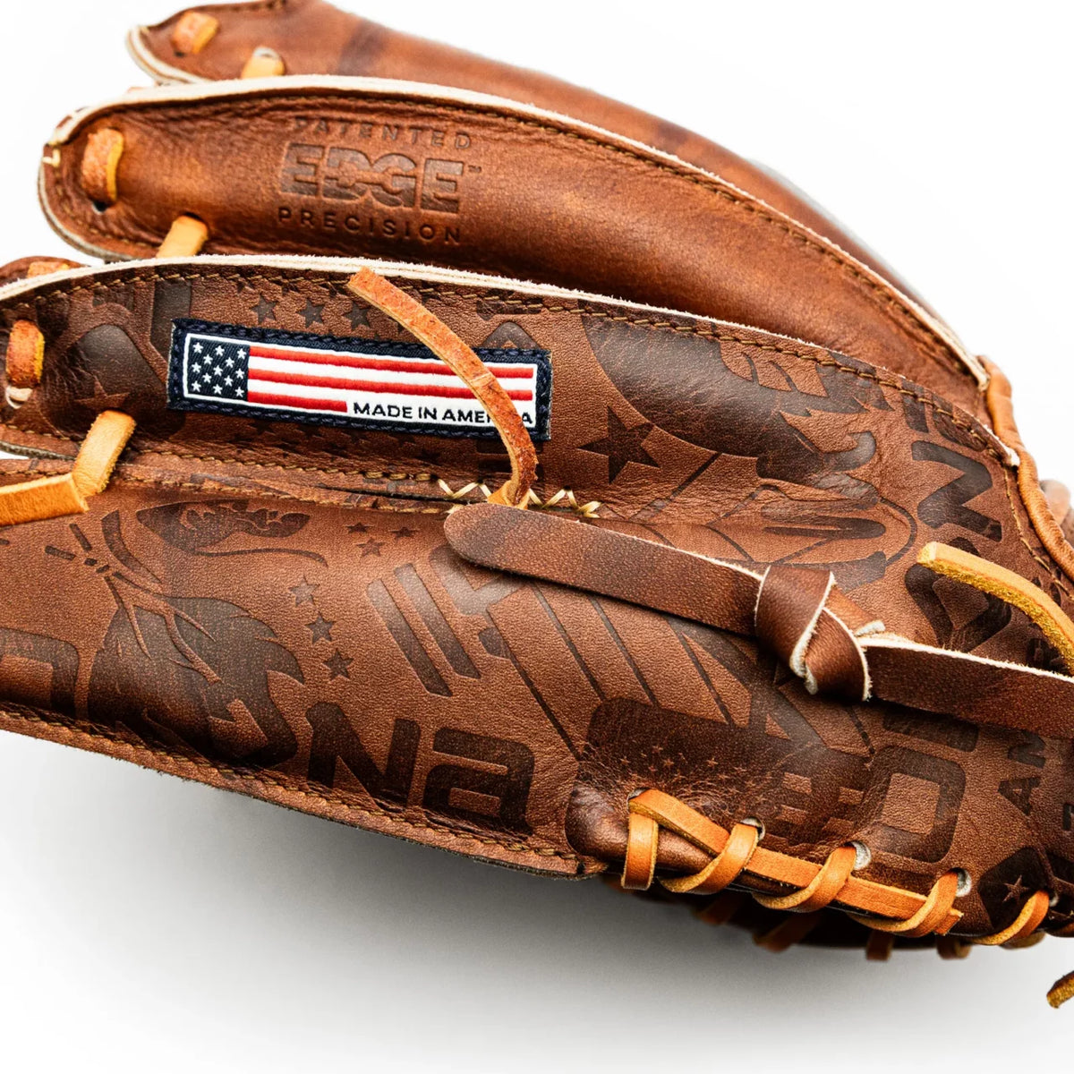 A brown leather Nokona Walnut EP 11.5″ Baseball Glove: W-EP1150 with a debossed pattern and a patch featuring the American flag and the text Made in America.