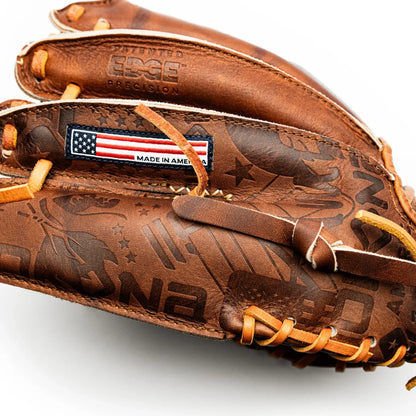 A brown leather Nokona Walnut EP 11.5″ Baseball Glove: W-EP1150 with a debossed pattern and a patch featuring the American flag and the text Made in America.