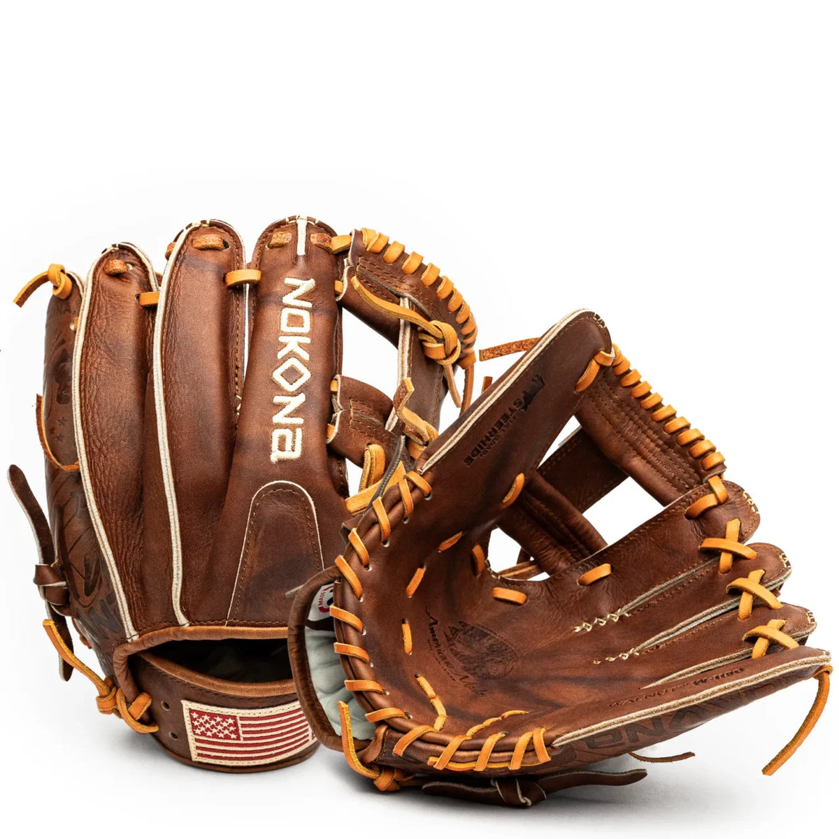 Two brown leather Nokona Walnut EP 11.5″ Baseball Glove: W-EP1150 infield gloves with light-colored lacing and an American flag patch on the wrist.