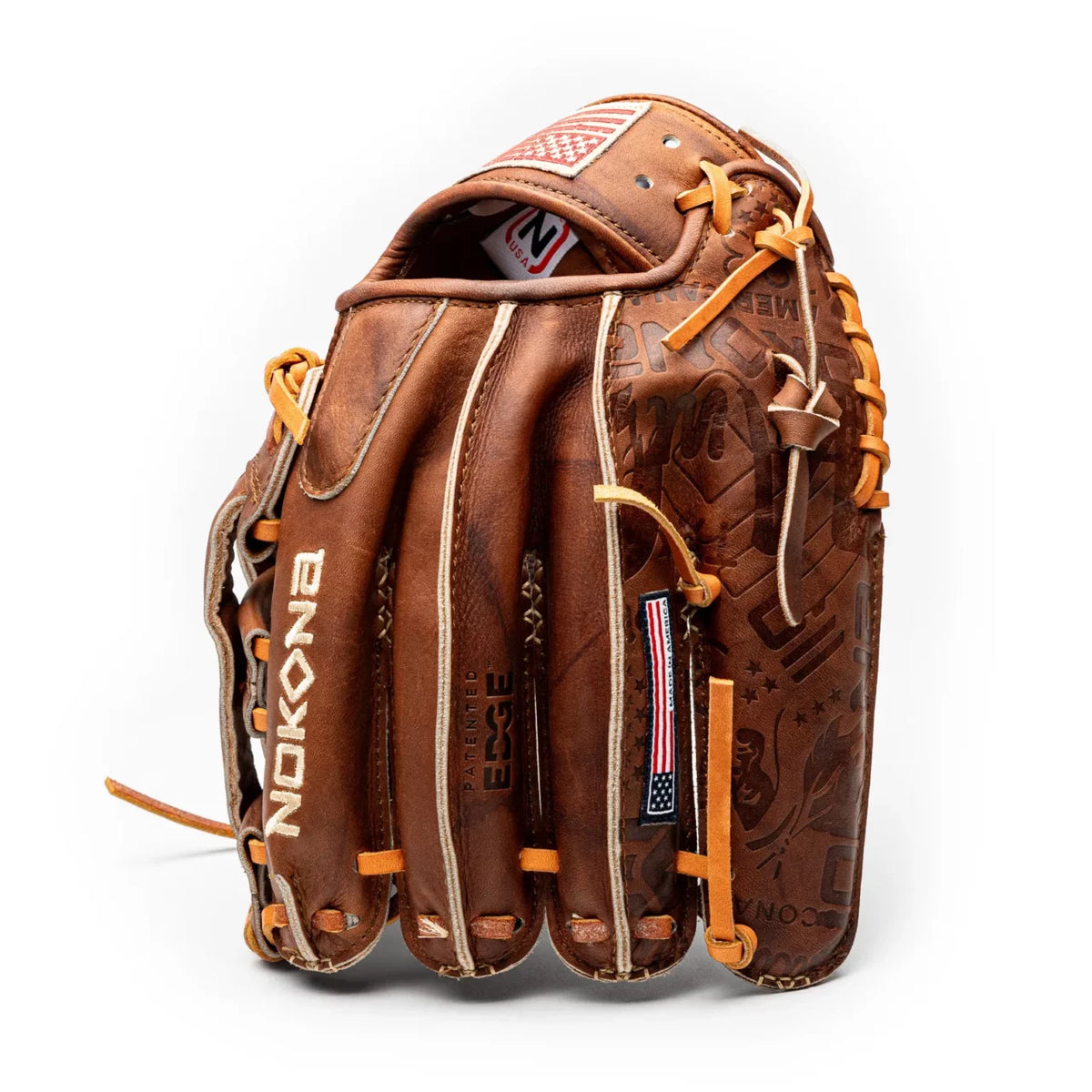 Handcrafted Nokona Walnut EP 11.75″ Baseball Glove: W-EP1175 in brown leather with tan lacing, embossed patterns, and small American flag patches.
