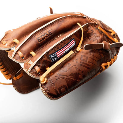 Nokona Walnut EP 11.75″ Baseball Glove: W-EP1175 handcrafted from brown walnut leather with a woven Made in America tag and an embossed logo on the palm.
