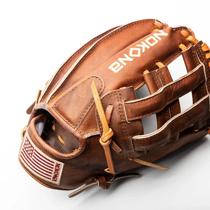 Handcrafted Nokona Walnut EP 11.75″ Baseball Glove: W-EP1175 in brown leather with a lacing web and a small American flag patch on the wrist strap.