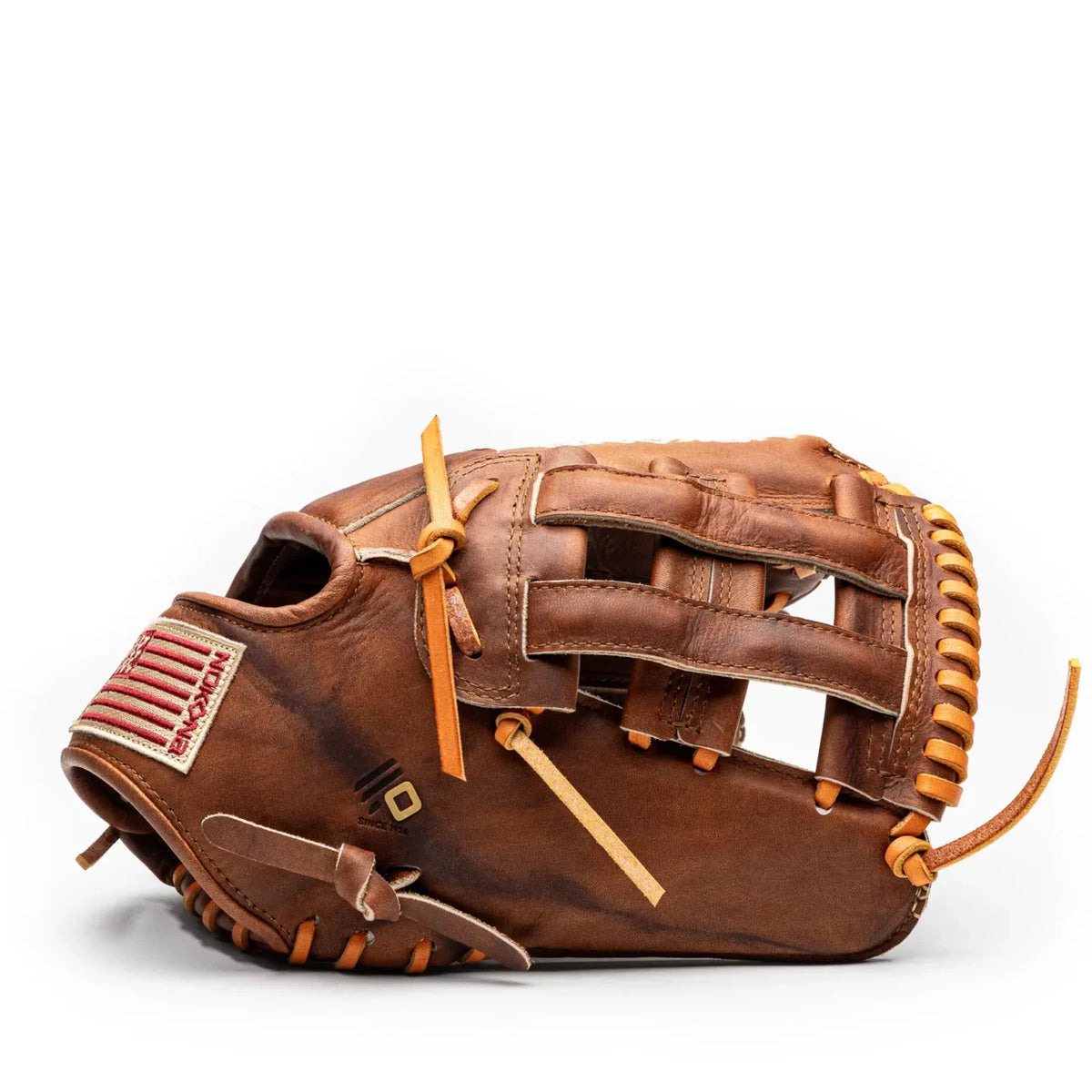 Nokona Walnut EP 11.75″ Baseball Glove: W-EP1175 in brown leather with a woven web and an American flag patch on the wrist strap.