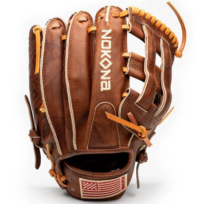 Nokona Walnut EP 11.75″ Baseball Glove: W-EP1175 in handcrafted walnut brown leather with tan lacing and a United States flag patch on the wrist strap.