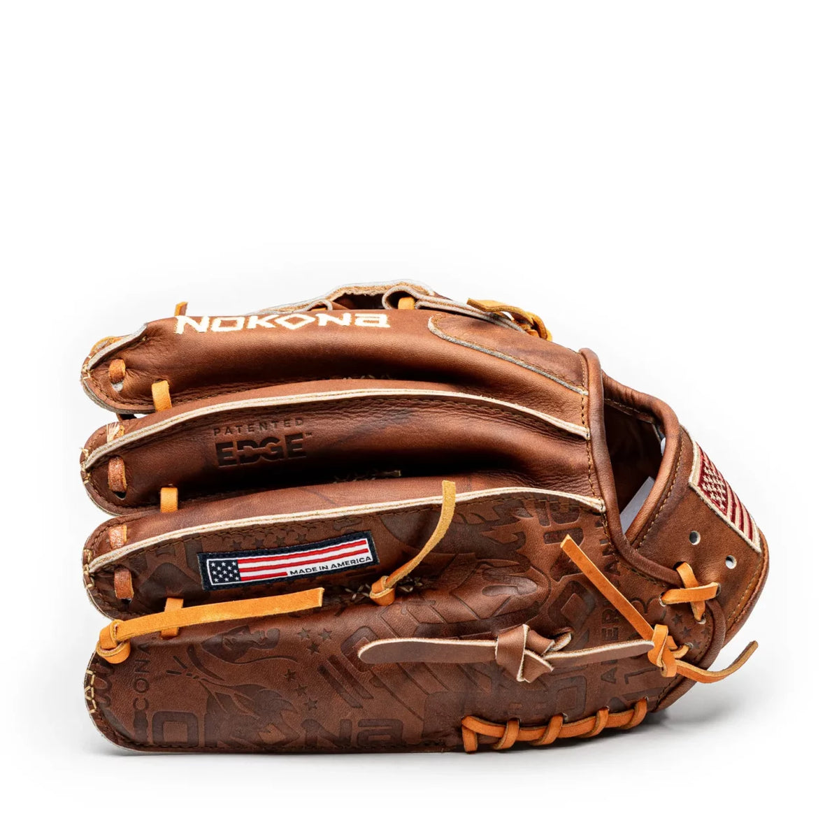 Handcrafted brown leather Nokona Walnut EP 11.75″ Baseball Glove: W-EP1175 with tan lacing, featuring a Made in America flag patch and embossed logos.